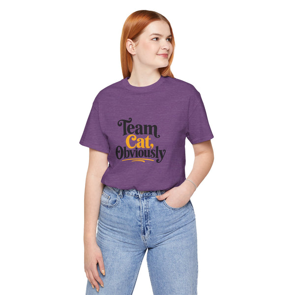 Purple crew neck T-shirt with 'Team Cat, Obviously' slogan print in the chest area.