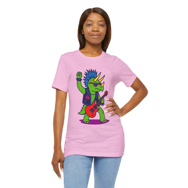 Heather pink crewneck t-shirt with punk triceratops graphic playing red electric guitar