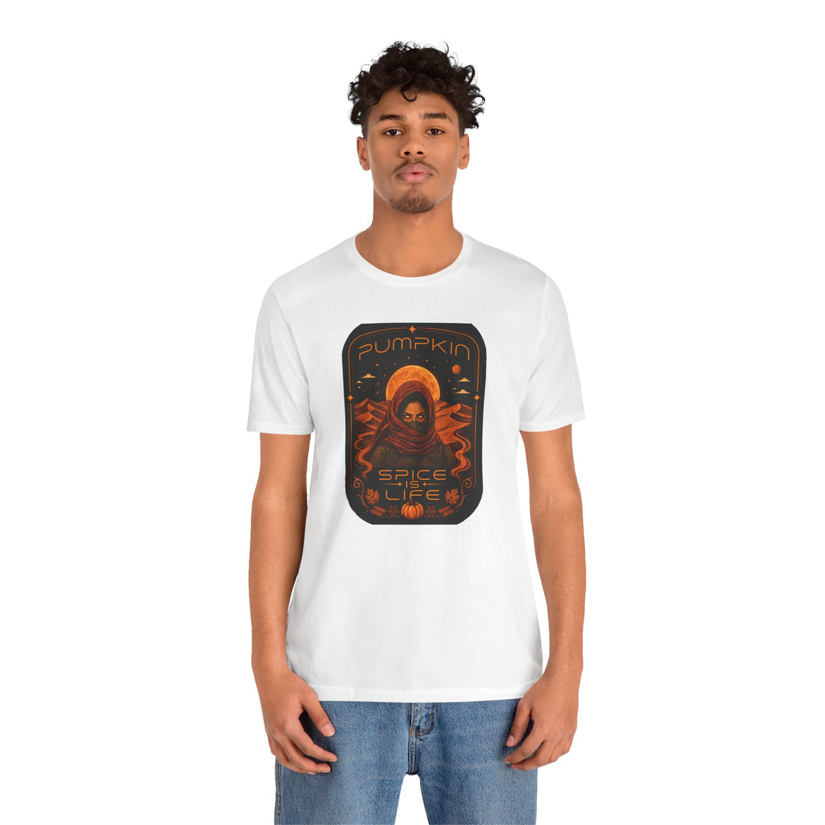White unisex T-shirt with orange pumpkin alien graphic on the front