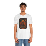 White unisex T-shirt with orange pumpkin alien graphic on the front