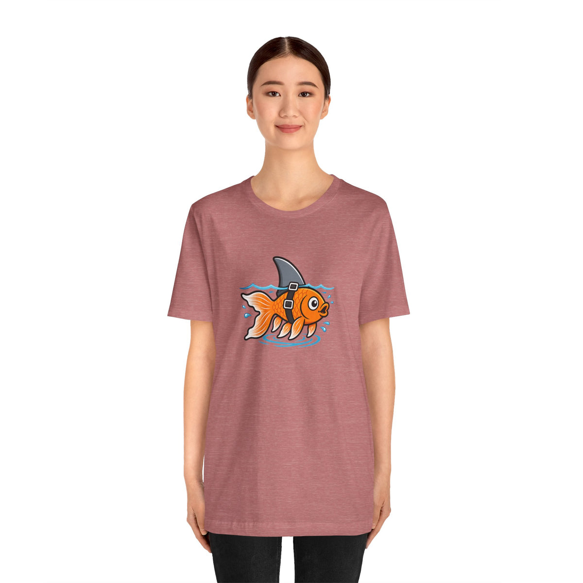 Mauve crew-neck t-shirt with orange goldfish shark graphic, centered front