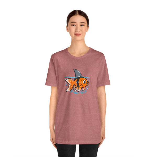 Mauve crew-neck t-shirt with orange goldfish shark graphic, centered front