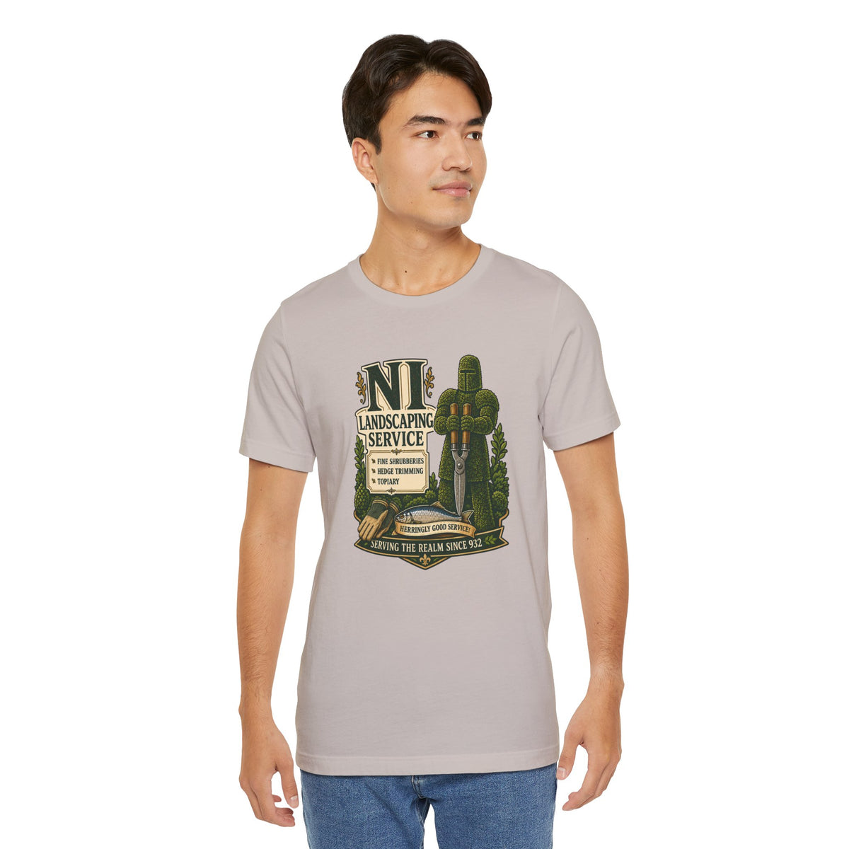 Heather gray crew-neck t-shirt with centered landscaping service graphic on chest