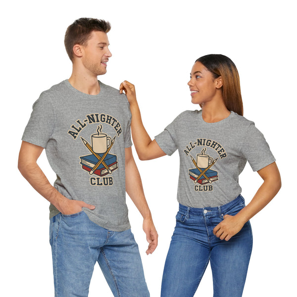 Heather gray crew-neck T-shirt with “All-Nighter Club” coffee-and-books graphic