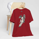 Red crewneck t-shirt with tall monster figure graphic front print