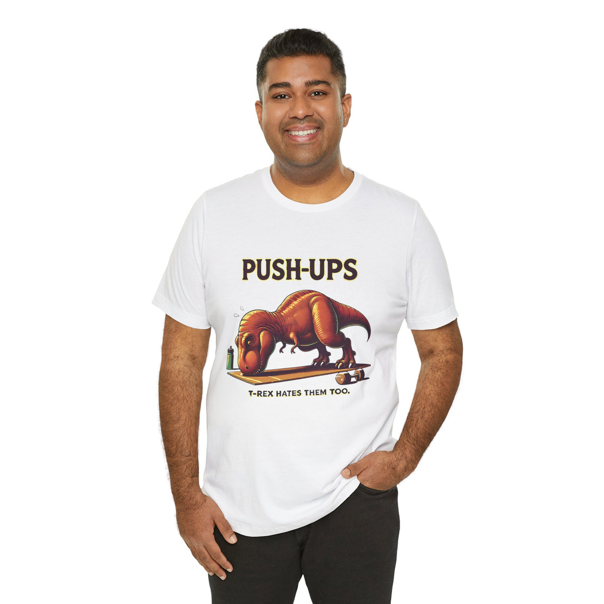 White crew-neck graphic T-shirt with “PUSH-UPS” and T-Rex lifting illustration