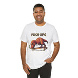 White crew-neck graphic T-shirt with “PUSH-UPS” and T-Rex lifting illustration