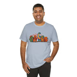 Light blue crewneck T-shirt featuring a colorful dinosaur Valentine graphic