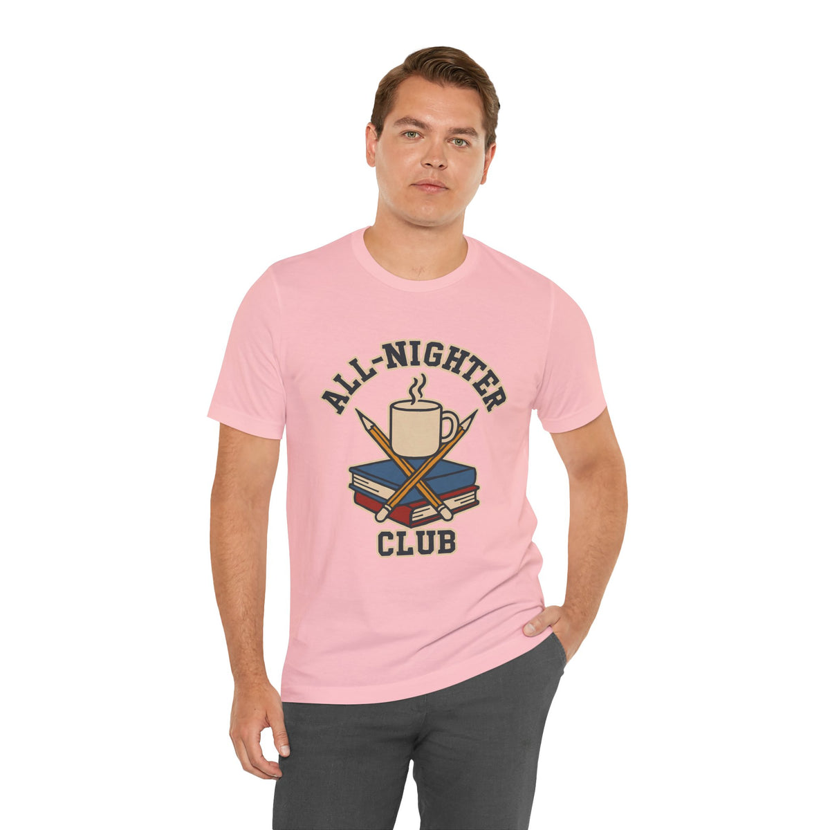 Pink crewneck T-shirt with front “All-Nighter Club” coffee-and-books emblem, side view