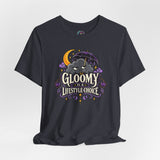 Dark heather t-shirt flat lay with front graphic print, crew neck, short sleeves