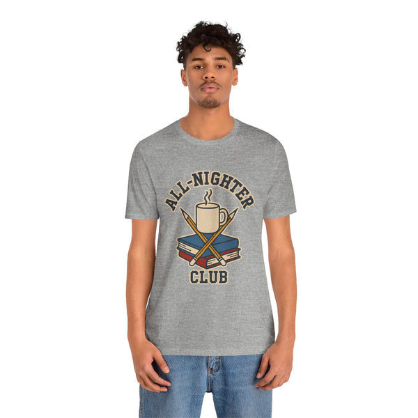 Heather gray crewneck T-shirt with All-Nighter Club coffee graphic, short sleeves