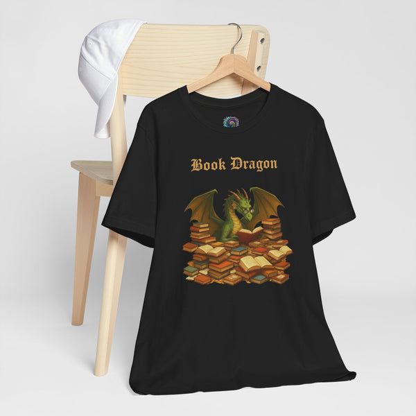 Black crewneck T-shirt with “Book Dragon” graphic and green dragon over stacked books