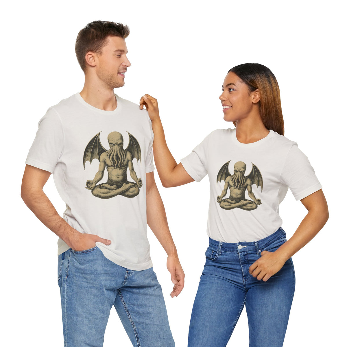 White unisex T-shirts on two people, meditating sea monster graphic