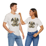 White unisex T-shirts on two people, meditating sea monster graphic