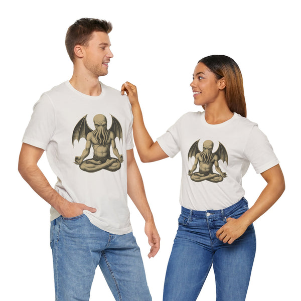 White unisex T-shirts on two people, meditating sea monster graphic