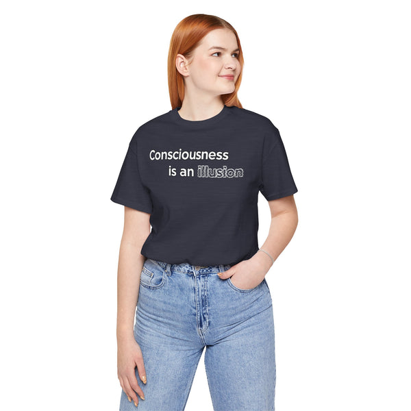 Navy crewneck T-shirt with 'Consciousness is an Illusion' front graphic print, side