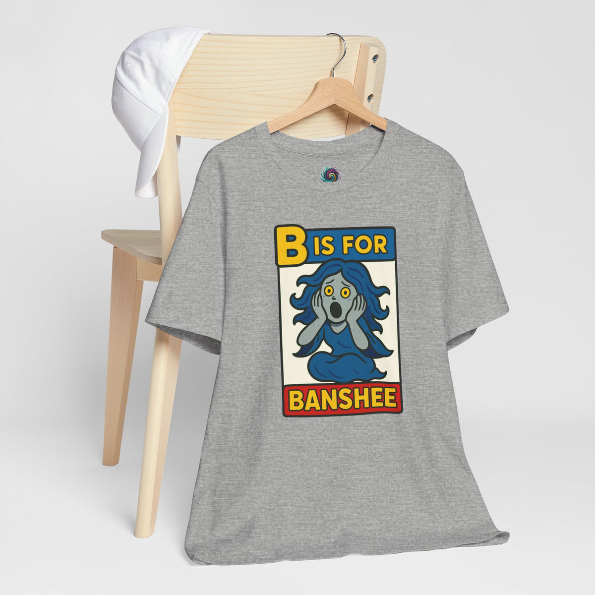 Heather gray short-sleeve T-shirt on hanger with “B is for Banshee” front graphic
