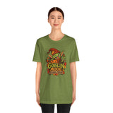 Unisex olive green t-shirt with “Goblin Mode” seasonal edition graphic on the chest.