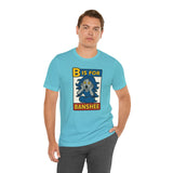 Turquoise crew-neck T-shirt with front B is for Banshee graphic, short sleeves