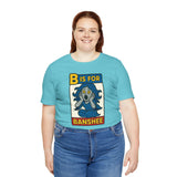 Turquoise crew-neck T-shirt with front B is for Banshee graphic, short sleeves