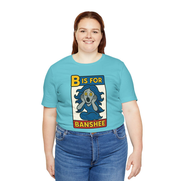 Turquoise crew-neck T-shirt with front B is for Banshee graphic, short sleeves
