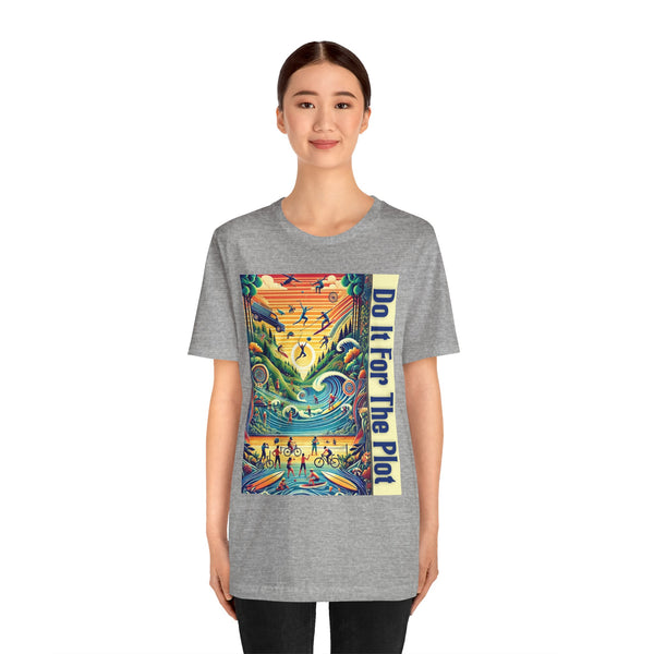 Heather gray crewneck t-shirt with colorful "Do It For The Plot" graphic on front