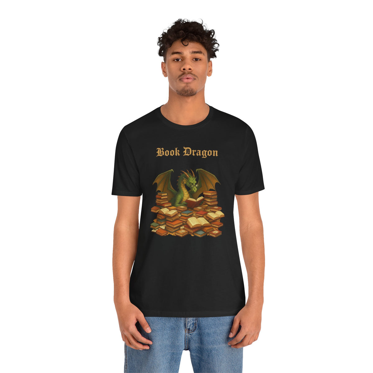 Black crewneck T-shirt with “Book Dragon” graphic: green dragon over stacked books