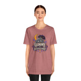 Dusty rose crewneck t-shirt with goth cat “Gloomy is a Lifestyle Choice” front graphic