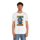 White T-shirt on male model, crew neck with B is for Banshee graphic square