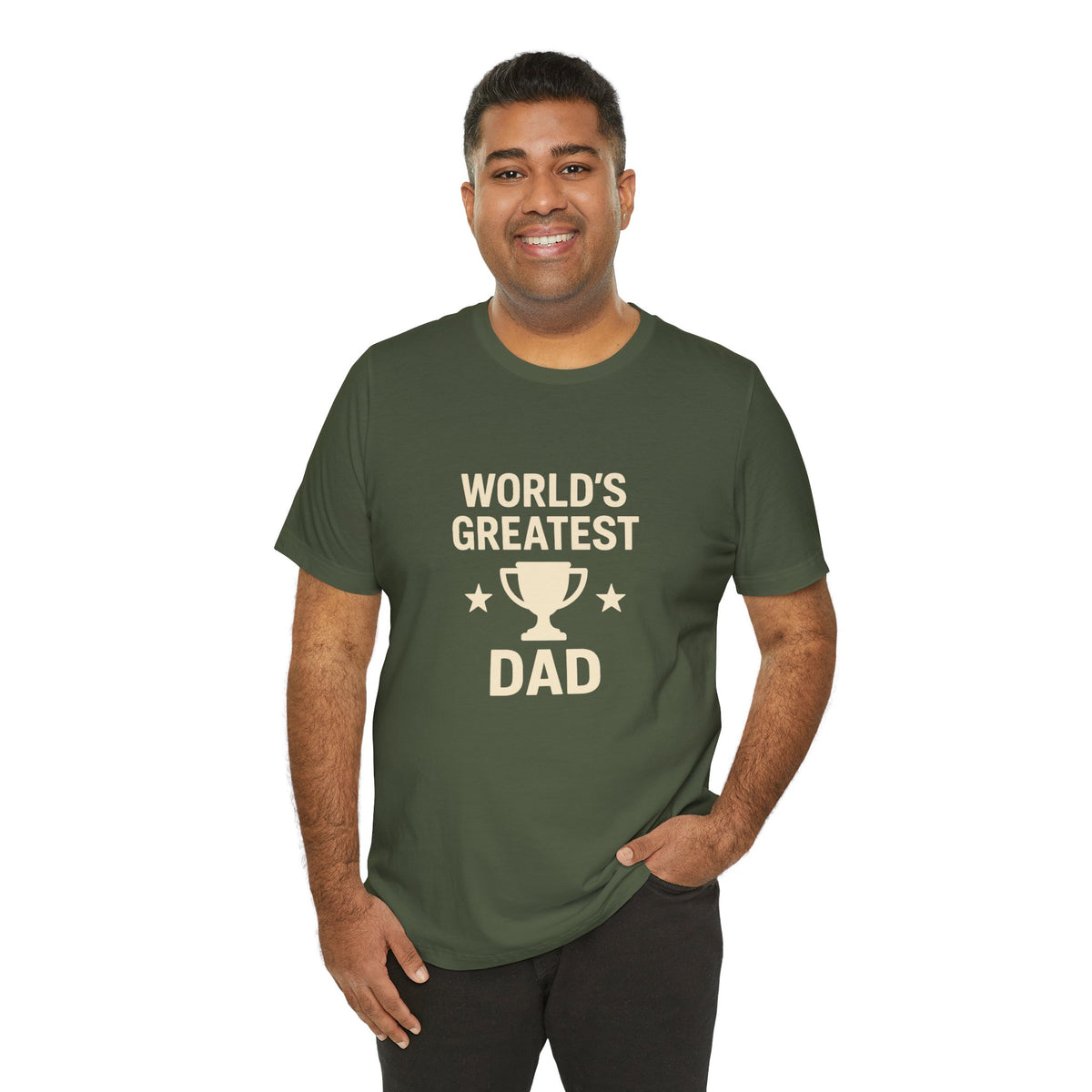 Green crew-neck T-shirt with “World’s Greatest Dad” trophy graphic on the front