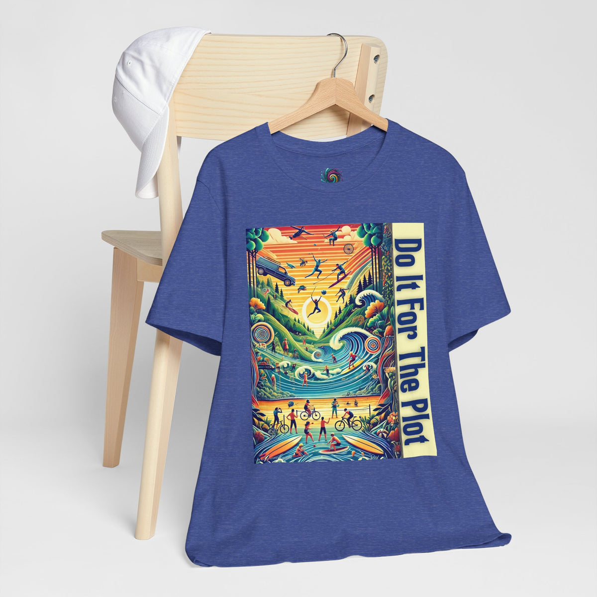 Blue T-shirt with colorful rectangular front graphic and vertical side text