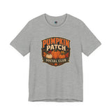 Heather gray graphic T-shirt with Pumpkin Patch Social Club pumpkin logo