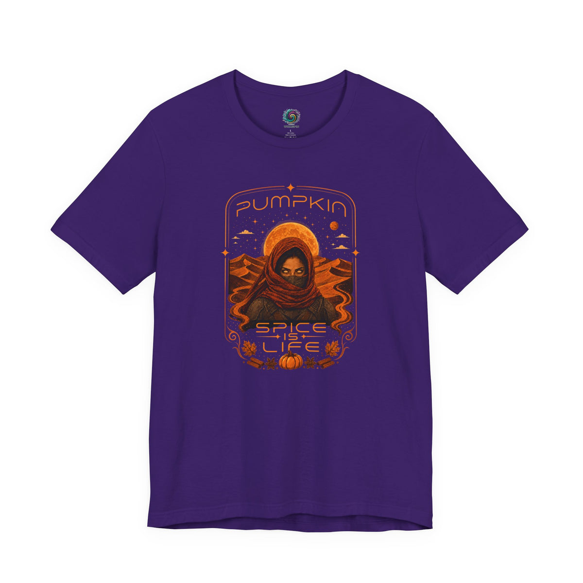 Purple crewneck T-shirt with orange pumpkin sci-fi face graphic on the front