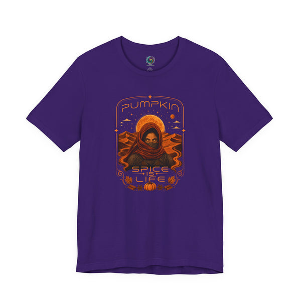 Purple crewneck T-shirt with orange pumpkin sci-fi face graphic on the front