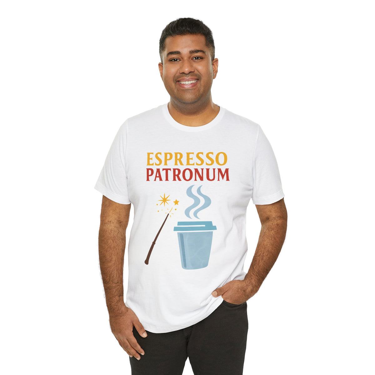 White crew-neck graphic T-shirt with espresso cup illustration