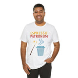 White crew-neck graphic T-shirt with espresso cup illustration