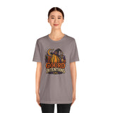 Mauve crew-neck t-shirt with centered 'Gourd Intentions' pumpkin witch graphic