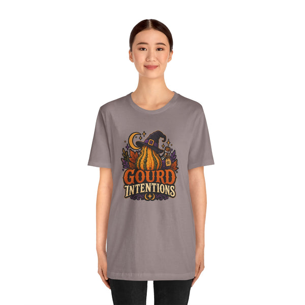 Mauve crew-neck t-shirt with centered 'Gourd Intentions' pumpkin witch graphic