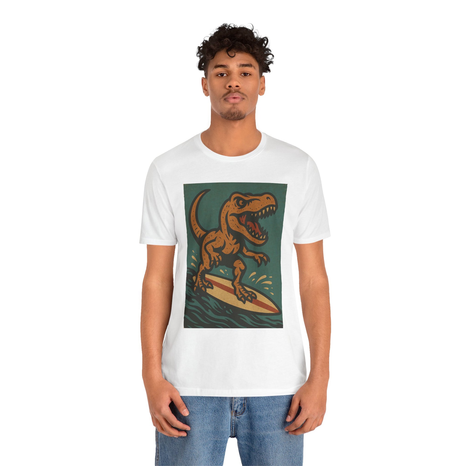 Surfing T-Rex T-Shirt – Funny Dinosaur Graphic Tee for Summer Vibes - WhimSpin - https://whimspin.com