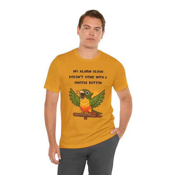 Mustard short-sleeve t-shirt with a seated parrot illustration and alarm text.