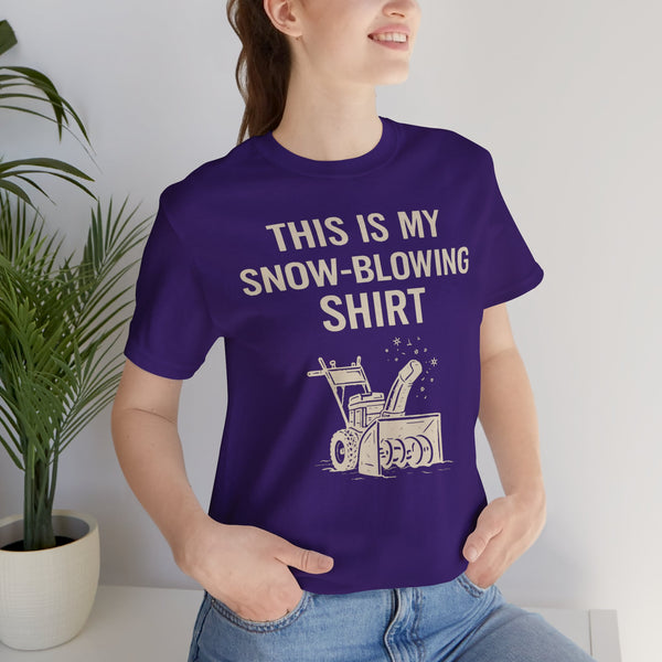 Purple crewneck short-sleeve T-shirt showing snow blower graphic and “THIS IS MY SNOW-BLOWING SHIRT”