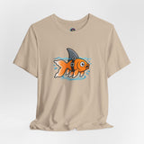 Tan crewneck T-shirt with orange fish-in-shark cartoon graphic on front
