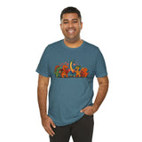 Teal dinosaur Valentines graphic T-shirt with colorful dino illustration on front