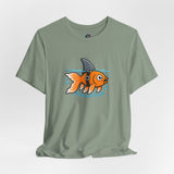 Sage green crew-neck T-shirt with orange fish-and-shark swimming graphic