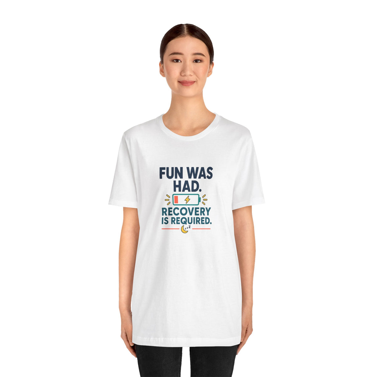 White crew-neck T-shirt with "Recovery is required" lightning graphic, full-body view