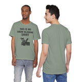 Sage green snow-blowing T-shirt front and back views, with text and snowblower graphic