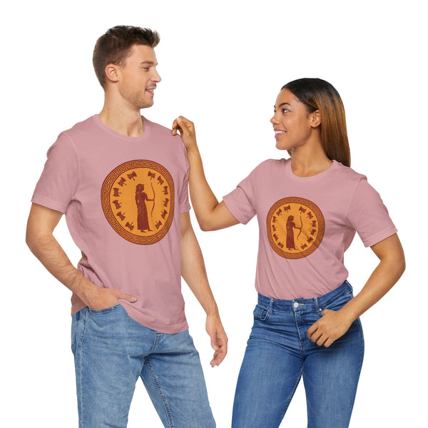 Matching dusty pink crewneck T-shirts with gold circular myth graphic on front