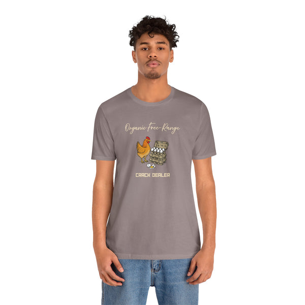 Heather mauve T-shirt with front chicken and egg dealer design, short sleeves