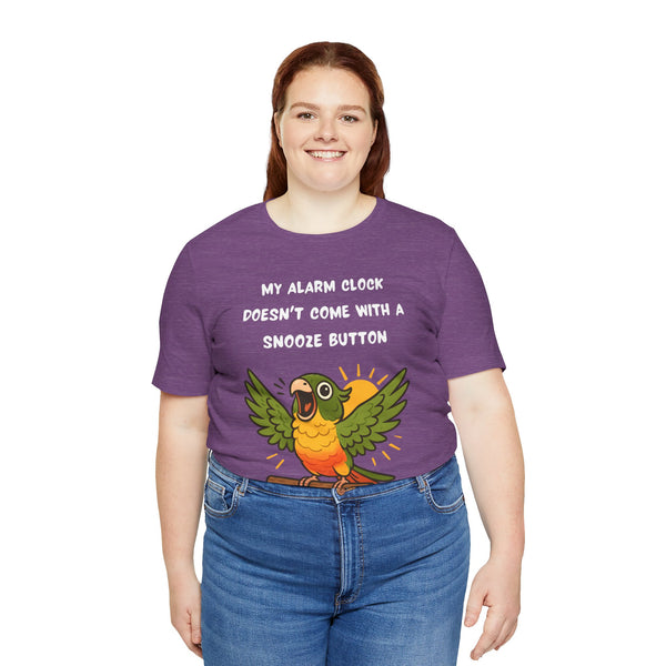 Purple crew-neck t-shirt on model; parrot illustration with alarm clock wording