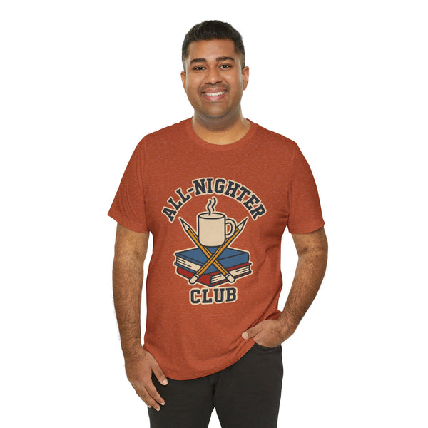 Burnt orange crew-neck T-shirt with All-Nighter Club trophy graphic on the chest